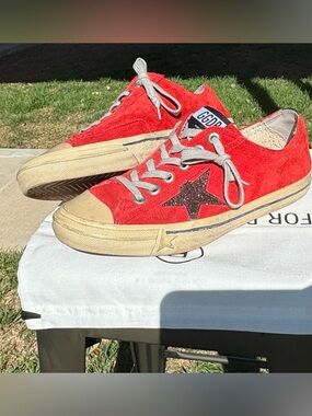Golden Goose Red Suede Sneakers with Glitter Star and Heel tab - Size 40
